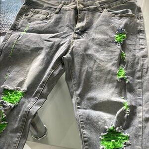 Gray Distressed Jeans with Neon Green Accents